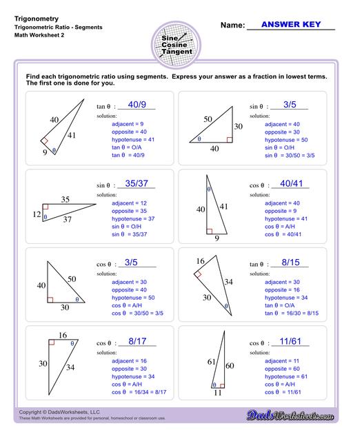 10th and 11th grade trignometry problems with triangles using the sine, cosine, tangent functions. These worksheets include problems involving right-angled triangles and functions are used to solve for the other interior angles.  Trigonometry Trigonometric Ratio Segments V2