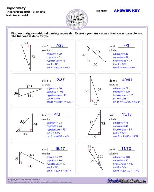 10th and 11th grade trignometry problems with triangles using the sine, cosine, tangent functions. These worksheets include problems involving right-angled triangles and functions are used to solve for the other interior angles.  Trigonometry Trigonometric Ratio Segments V4