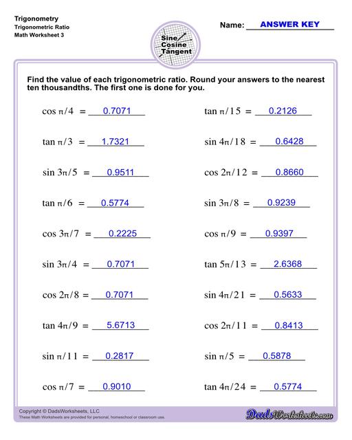 10th and 11th grade trignometry problems with triangles using the sine, cosine, tangent functions. These worksheets include problems involving right-angled triangles and functions are used to solve for the other interior angles.  Trigonometry Trigonometric Ratio V3