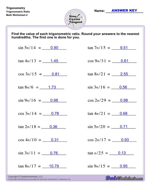 10th and 11th grade trignometry problems with triangles using the sine, cosine, tangent functions. These worksheets include problems involving right-angled triangles and functions are used to solve for the other interior angles.  Trigonometry Trigonometric Ratio V4
