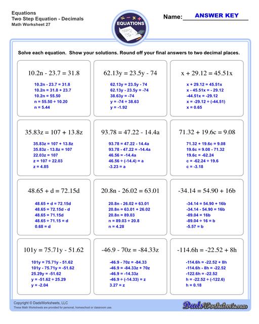 The two step equations worksheets on this page include problems with integers, decimals and fractions for a variety of math operations. These beginning algebra worksheets are appropriate practice for 6th grade, 7th grade and 8th grade students. Full answer keys are included on the second page of each PDF file.  Two Step Equations Decimals V3