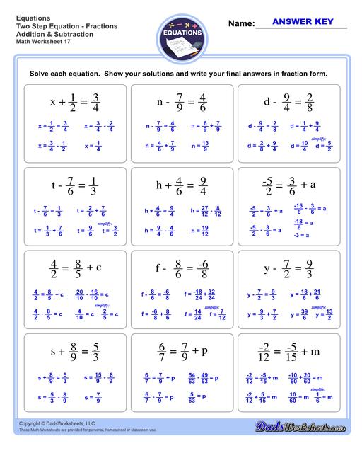The two step equations worksheets on this page include problems with integers, decimals and fractions for a variety of math operations. These beginning algebra worksheets are appropriate practice for 6th grade, 7th grade and 8th grade students. Full answer keys are included on the second page of each PDF file.  Two Step Equations Fractions Addition And Subtraction V1