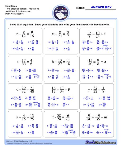 The two step equations worksheets on this page include problems with integers, decimals and fractions for a variety of math operations. These beginning algebra worksheets are appropriate practice for 6th grade, 7th grade and 8th grade students. Full answer keys are included on the second page of each PDF file.  Two Step Equations Fractions Addition And Subtraction V2