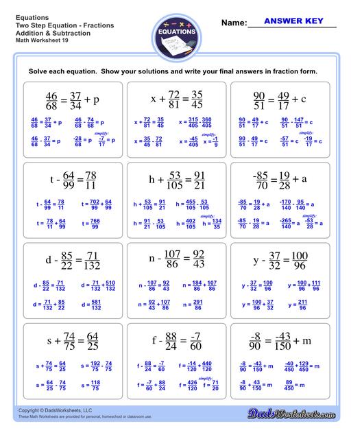 The two step equations worksheets on this page include problems with integers, decimals and fractions for a variety of math operations. These beginning algebra worksheets are appropriate practice for 6th grade, 7th grade and 8th grade students. Full answer keys are included on the second page of each PDF file.  Two Step Equations Fractions Addition And Subtraction V3