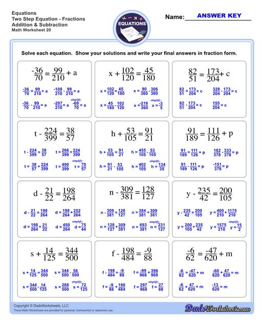The two step equations worksheets on this page include problems with integers, decimals and fractions for a variety of math operations. These beginning algebra worksheets are appropriate practice for 6th grade, 7th grade and 8th grade students. Full answer keys are included on the second page of each PDF file.  Two Step Equations Fractions Addition And Subtraction V4
