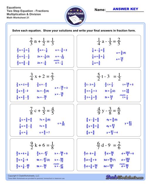 The two step equations worksheets on this page include problems with integers, decimals and fractions for a variety of math operations. These beginning algebra worksheets are appropriate practice for 6th grade, 7th grade and 8th grade students. Full answer keys are included on the second page of each PDF file.  Two Step Equations Fractions Multiplication And Division V1