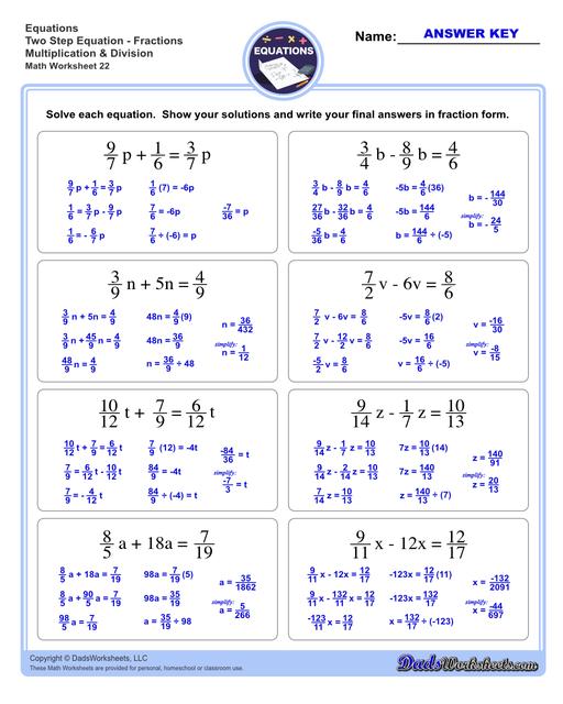 The two step equations worksheets on this page include problems with integers, decimals and fractions for a variety of math operations. These beginning algebra worksheets are appropriate practice for 6th grade, 7th grade and 8th grade students. Full answer keys are included on the second page of each PDF file.  Two Step Equations Fractions Multiplication And Division V2