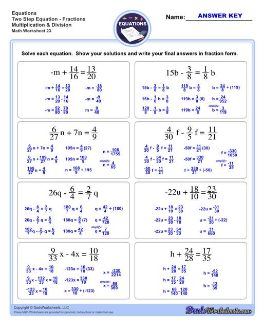 The two step equations worksheets on this page include problems with integers, decimals and fractions for a variety of math operations. These beginning algebra worksheets are appropriate practice for 6th grade, 7th grade and 8th grade students. Full answer keys are included on the second page of each PDF file.  Two Step Equations Fractions Multiplication And Division V3