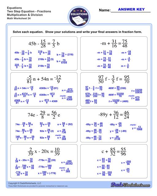The two step equations worksheets on this page include problems with integers, decimals and fractions for a variety of math operations. These beginning algebra worksheets are appropriate practice for 6th grade, 7th grade and 8th grade students. Full answer keys are included on the second page of each PDF file.  Two Step Equations Fractions Multiplication And Division V4