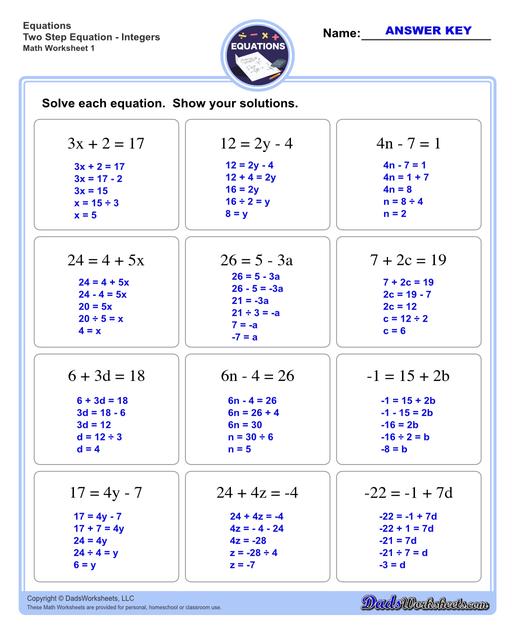 The two step equations worksheets on this page include problems with integers, decimals and fractions for a variety of math operations. These beginning algebra worksheets are appropriate practice for 6th grade, 7th grade and 8th grade students. Full answer keys are included on the second page of each PDF file.  Two Step Equations Integers V1
