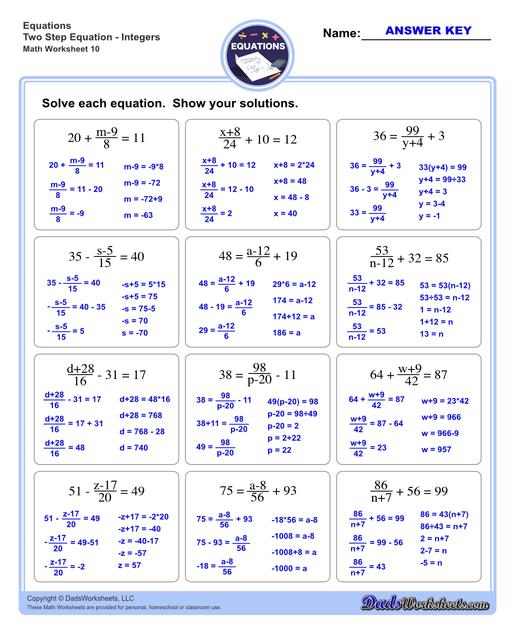 The two step equations worksheets on this page include problems with integers, decimals and fractions for a variety of math operations. These beginning algebra worksheets are appropriate practice for 6th grade, 7th grade and 8th grade students. Full answer keys are included on the second page of each PDF file.  Two Step Equations Integers V10