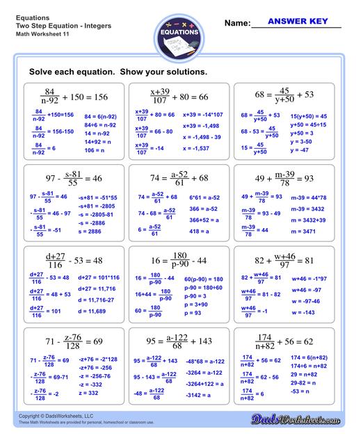 The two step equations worksheets on this page include problems with integers, decimals and fractions for a variety of math operations. These beginning algebra worksheets are appropriate practice for 6th grade, 7th grade and 8th grade students. Full answer keys are included on the second page of each PDF file.  Two Step Equations Integers V11
