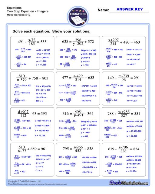The two step equations worksheets on this page include problems with integers, decimals and fractions for a variety of math operations. These beginning algebra worksheets are appropriate practice for 6th grade, 7th grade and 8th grade students. Full answer keys are included on the second page of each PDF file.  Two Step Equations Integers V12