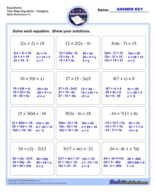 The two step equations worksheets on this page include problems with integers, decimals and fractions for a variety of math operations. These beginning algebra worksheets are appropriate practice for 6th grade, 7th grade and 8th grade students. Full answer keys are included on the second page of each PDF file.  Two Step Equations Integers V13