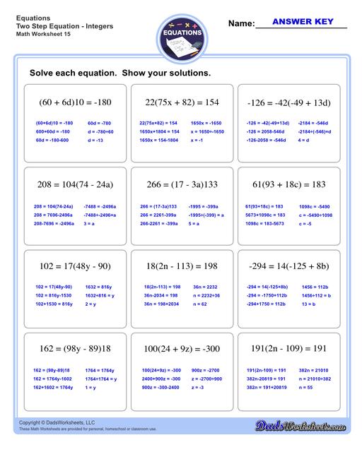 The two step equations worksheets on this page include problems with integers, decimals and fractions for a variety of math operations. These beginning algebra worksheets are appropriate practice for 6th grade, 7th grade and 8th grade students. Full answer keys are included on the second page of each PDF file.  Two Step Equations Integers V15