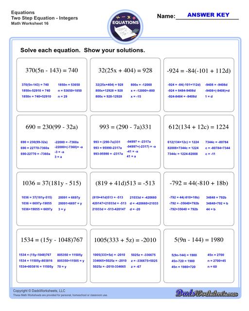 The two step equations worksheets on this page include problems with integers, decimals and fractions for a variety of math operations. These beginning algebra worksheets are appropriate practice for 6th grade, 7th grade and 8th grade students. Full answer keys are included on the second page of each PDF file.  Two Step Equations Integers V16