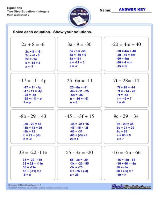 The two step equations worksheets on this page include problems with integers, decimals and fractions for a variety of math operations. These beginning algebra worksheets are appropriate practice for 6th grade, 7th grade and 8th grade students. Full answer keys are included on the second page of each PDF file.  Two Step Equations Integers V2