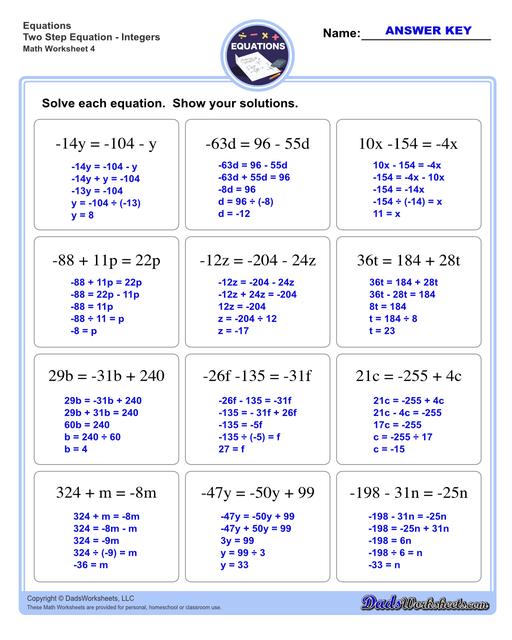 The two step equations worksheets on this page include problems with integers, decimals and fractions for a variety of math operations. These beginning algebra worksheets are appropriate practice for 6th grade, 7th grade and 8th grade students. Full answer keys are included on the second page of each PDF file.  Two Step Equations Integers V4