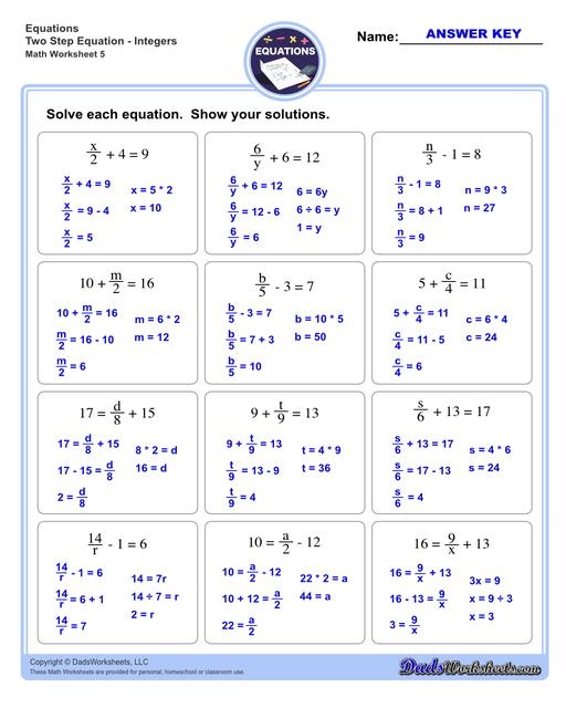 The two step equations worksheets on this page include problems with integers, decimals and fractions for a variety of math operations. These beginning algebra worksheets are appropriate practice for 6th grade, 7th grade and 8th grade students. Full answer keys are included on the second page of each PDF file.  Two Step Equations Integers V5