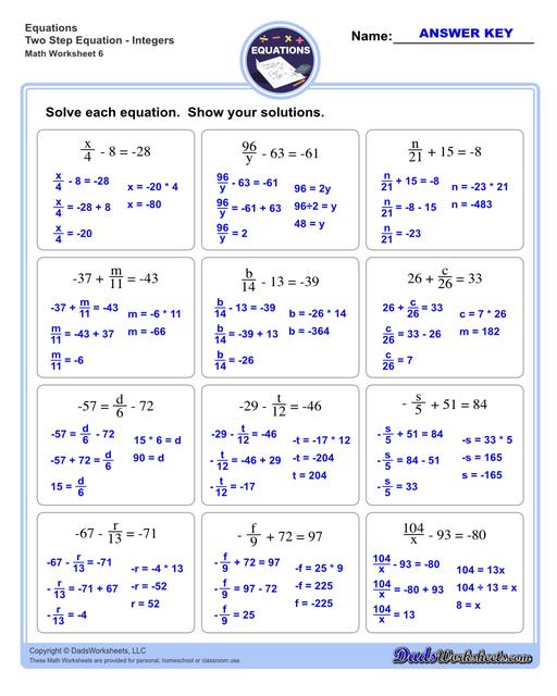 The two step equations worksheets on this page include problems with integers, decimals and fractions for a variety of math operations. These beginning algebra worksheets are appropriate practice for 6th grade, 7th grade and 8th grade students. Full answer keys are included on the second page of each PDF file.  Two Step Equations Integers V6