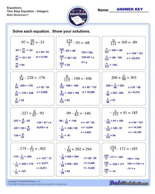 The two step equations worksheets on this page include problems with integers, decimals and fractions for a variety of math operations. These beginning algebra worksheets are appropriate practice for 6th grade, 7th grade and 8th grade students. Full answer keys are included on the second page of each PDF file.  Two Step Equations Integers V7