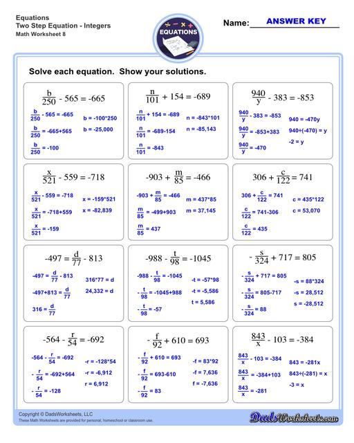 The two step equations worksheets on this page include problems with integers, decimals and fractions for a variety of math operations. These beginning algebra worksheets are appropriate practice for 6th grade, 7th grade and 8th grade students. Full answer keys are included on the second page of each PDF file.  Two Step Equations Integers V8