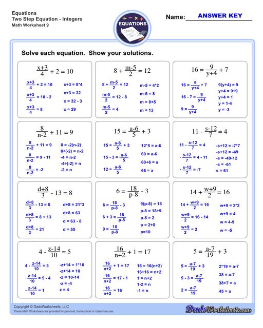 The two step equations worksheets on this page include problems with integers, decimals and fractions for a variety of math operations. These beginning algebra worksheets are appropriate practice for 6th grade, 7th grade and 8th grade students. Full answer keys are included on the second page of each PDF file.  Two Step Equations Integers V9