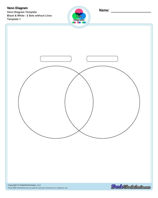 Check out this page for Venn diagram worksheets, blank Venn diagram templates and practice for Venn diagram concepts. Venn diagrams are useful for learning set concepts such as intersection, exclusion and complements.  Venn Diagram Template Black And White 2 Sets Without Lines