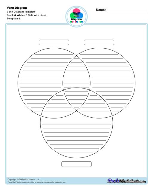 Check out this page for Venn diagram worksheets, blank Venn diagram templates and practice for Venn diagram concepts. Venn diagrams are useful for learning set concepts such as intersection, exclusion and complements.  Venn Diagram Template Black And White 3 Sets With Lines