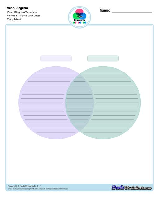 Check out this page for Venn diagram worksheets, blank Venn diagram templates and practice for Venn diagram concepts. Venn diagrams are useful for learning set concepts such as intersection, exclusion and complements.  Venn Diagram Template Colored 2 Sets With Lines