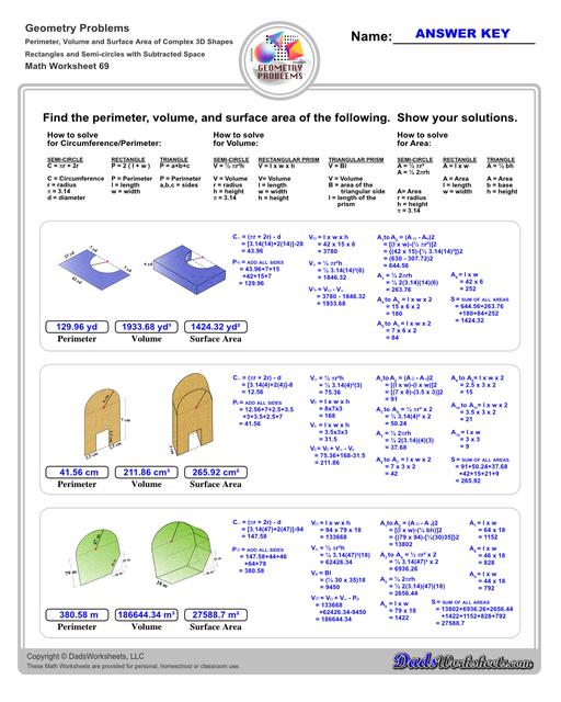 The volume and surface area worksheets on this page start with requiring students to calculate area and perimeter of basic solids such as cubes, prisms, cones and spheres. Additional worksheets with compound shapes require students to calculate missing dimensions and use problem solving skills and strategies to calculate volume and surface area. Rectangles And Semi Circles V1