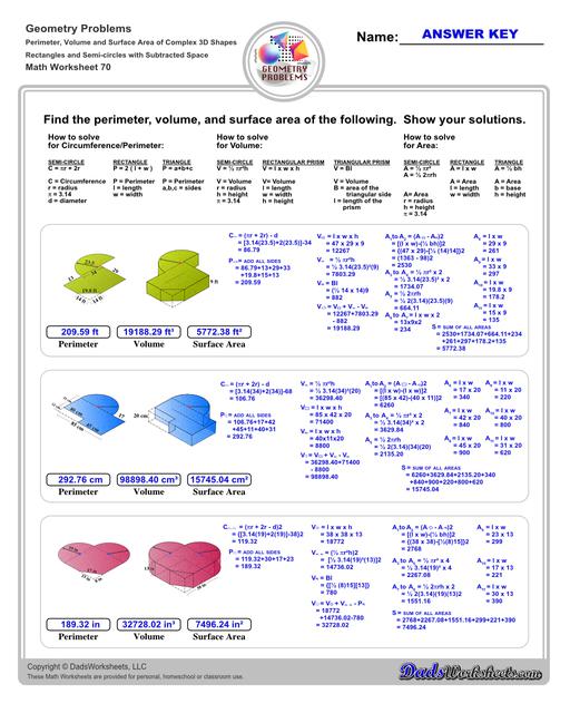 The volume and surface area worksheets on this page start with requiring students to calculate area and perimeter of basic solids such as cubes, prisms, cones and spheres. Additional worksheets with compound shapes require students to calculate missing dimensions and use problem solving skills and strategies to calculate volume and surface area. Rectangles And Semi Circles V2