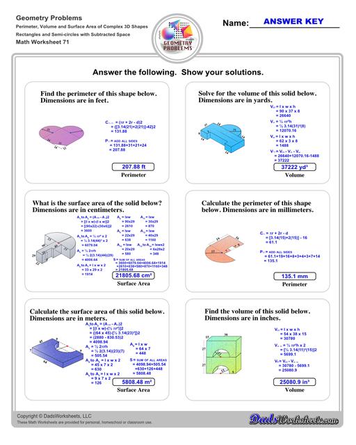 The volume and surface area worksheets on this page start with requiring students to calculate area and perimeter of basic solids such as cubes, prisms, cones and spheres. Additional worksheets with compound shapes require students to calculate missing dimensions and use problem solving skills and strategies to calculate volume and surface area. Rectangles And Semi Circles V3