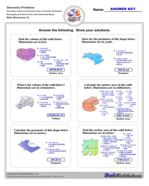 The volume and surface area worksheets on this page start with requiring students to calculate area and perimeter of basic solids such as cubes, prisms, cones and spheres. Additional worksheets with compound shapes require students to calculate missing dimensions and use problem solving skills and strategies to calculate volume and surface area. Rectangles And Semi Circles V4