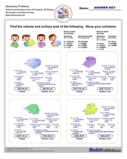 The volume and surface area worksheets on this page start with requiring students to calculate area and perimeter of basic solids such as cubes, prisms, cones and spheres. Additional worksheets with compound shapes require students to calculate missing dimensions and use problem solving skills and strategies to calculate volume and surface area. Rectangles And Semi Circles V1