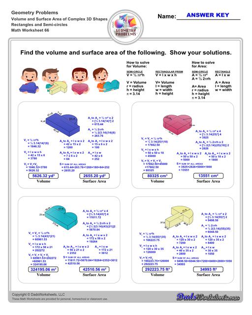 The volume and surface area worksheets on this page start with requiring students to calculate area and perimeter of basic solids such as cubes, prisms, cones and spheres. Additional worksheets with compound shapes require students to calculate missing dimensions and use problem solving skills and strategies to calculate volume and surface area. Rectangles And Semi Circles V2