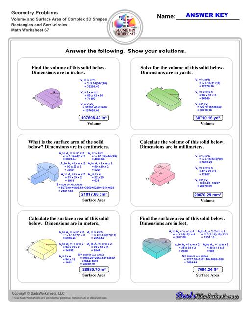 The volume and surface area worksheets on this page start with requiring students to calculate area and perimeter of basic solids such as cubes, prisms, cones and spheres. Additional worksheets with compound shapes require students to calculate missing dimensions and use problem solving skills and strategies to calculate volume and surface area. Rectangles And Semi Circles V3