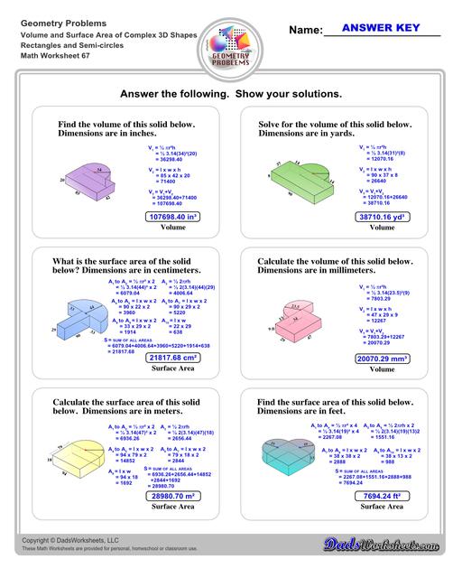 The volume and surface area worksheets on this page start with requiring students to calculate area and perimeter of basic solids such as cubes, prisms, cones and spheres. Additional worksheets with compound shapes require students to calculate missing dimensions and use problem solving skills and strategies to calculate volume and surface area. Rectangles And Semi Circles V3