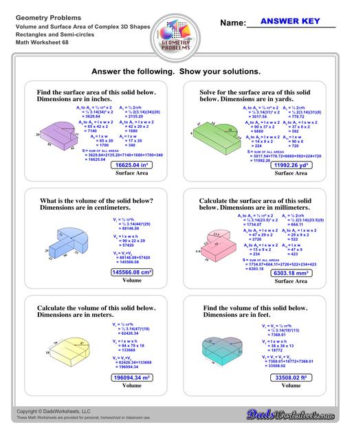 The volume and surface area worksheets on this page start with requiring students to calculate area and perimeter of basic solids such as cubes, prisms, cones and spheres. Additional worksheets with compound shapes require students to calculate missing dimensions and use problem solving skills and strategies to calculate volume and surface area. Rectangles And Semi Circles V4