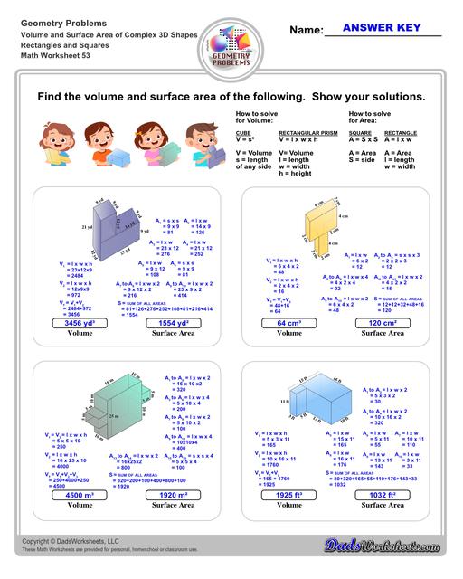 The volume and surface area worksheets on this page start with requiring students to calculate area and perimeter of basic solids such as cubes, prisms, cones and spheres. Additional worksheets with compound shapes require students to calculate missing dimensions and use problem solving skills and strategies to calculate volume and surface area. Rectangles And Squares V1