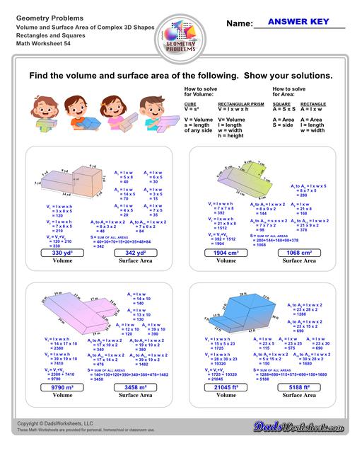 The volume and surface area worksheets on this page start with requiring students to calculate area and perimeter of basic solids such as cubes, prisms, cones and spheres. Additional worksheets with compound shapes require students to calculate missing dimensions and use problem solving skills and strategies to calculate volume and surface area. Rectangles And Squares V2