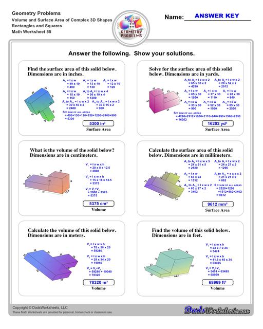 The volume and surface area worksheets on this page start with requiring students to calculate area and perimeter of basic solids such as cubes, prisms, cones and spheres. Additional worksheets with compound shapes require students to calculate missing dimensions and use problem solving skills and strategies to calculate volume and surface area. Rectangles And Squares V3