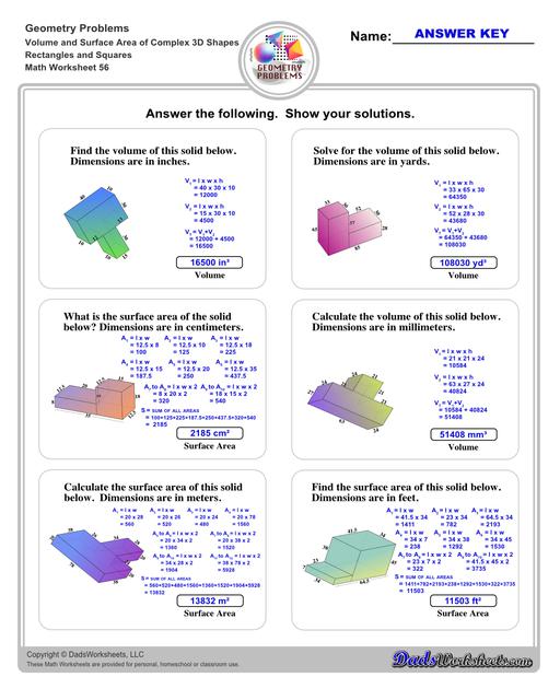 The volume and surface area worksheets on this page start with requiring students to calculate area and perimeter of basic solids such as cubes, prisms, cones and spheres. Additional worksheets with compound shapes require students to calculate missing dimensions and use problem solving skills and strategies to calculate volume and surface area. Rectangles And Squares V4