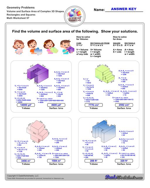The volume and surface area worksheets on this page start with requiring students to calculate area and perimeter of basic solids such as cubes, prisms, cones and spheres. Additional worksheets with compound shapes require students to calculate missing dimensions and use problem solving skills and strategies to calculate volume and surface area. Rectangles And Squares V5