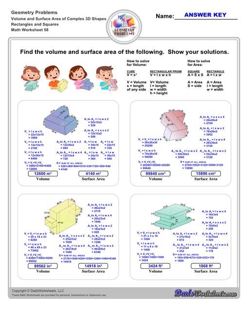 The volume and surface area worksheets on this page start with requiring students to calculate area and perimeter of basic solids such as cubes, prisms, cones and spheres. Additional worksheets with compound shapes require students to calculate missing dimensions and use problem solving skills and strategies to calculate volume and surface area. Rectangles And Squares V6