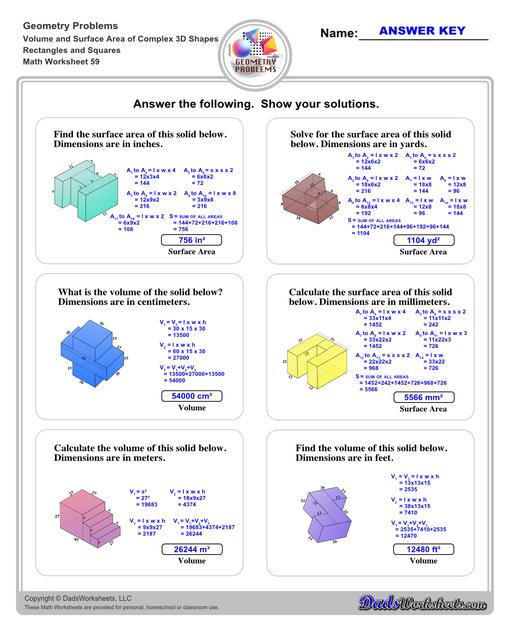 The volume and surface area worksheets on this page start with requiring students to calculate area and perimeter of basic solids such as cubes, prisms, cones and spheres. Additional worksheets with compound shapes require students to calculate missing dimensions and use problem solving skills and strategies to calculate volume and surface area. Rectangles And Squares V7
