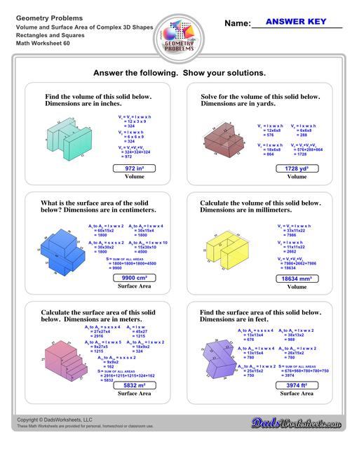 The volume and surface area worksheets on this page start with requiring students to calculate area and perimeter of basic solids such as cubes, prisms, cones and spheres. Additional worksheets with compound shapes require students to calculate missing dimensions and use problem solving skills and strategies to calculate volume and surface area. Rectangles And Squares V8
