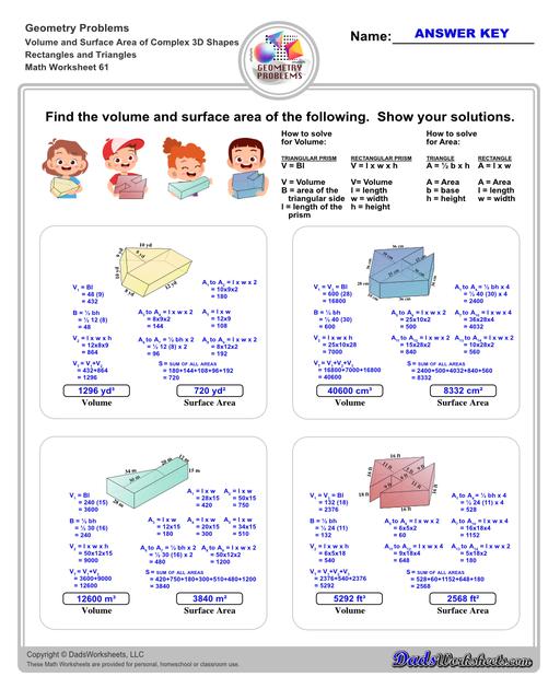 The volume and surface area worksheets on this page start with requiring students to calculate area and perimeter of basic solids such as cubes, prisms, cones and spheres. Additional worksheets with compound shapes require students to calculate missing dimensions and use problem solving skills and strategies to calculate volume and surface area. Rectangles And Triangles V1