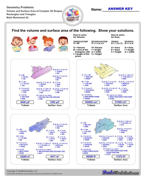 The volume and surface area worksheets on this page start with requiring students to calculate area and perimeter of basic solids such as cubes, prisms, cones and spheres. Additional worksheets with compound shapes require students to calculate missing dimensions and use problem solving skills and strategies to calculate volume and surface area. Rectangles And Triangles V2