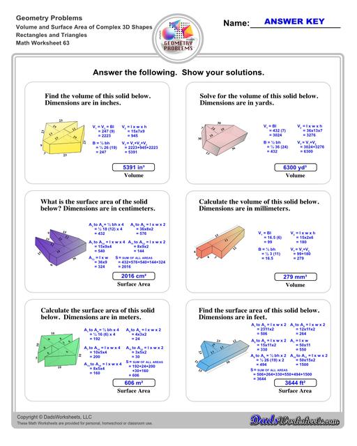 The volume and surface area worksheets on this page start with requiring students to calculate area and perimeter of basic solids such as cubes, prisms, cones and spheres. Additional worksheets with compound shapes require students to calculate missing dimensions and use problem solving skills and strategies to calculate volume and surface area. Rectangles And Triangles V3